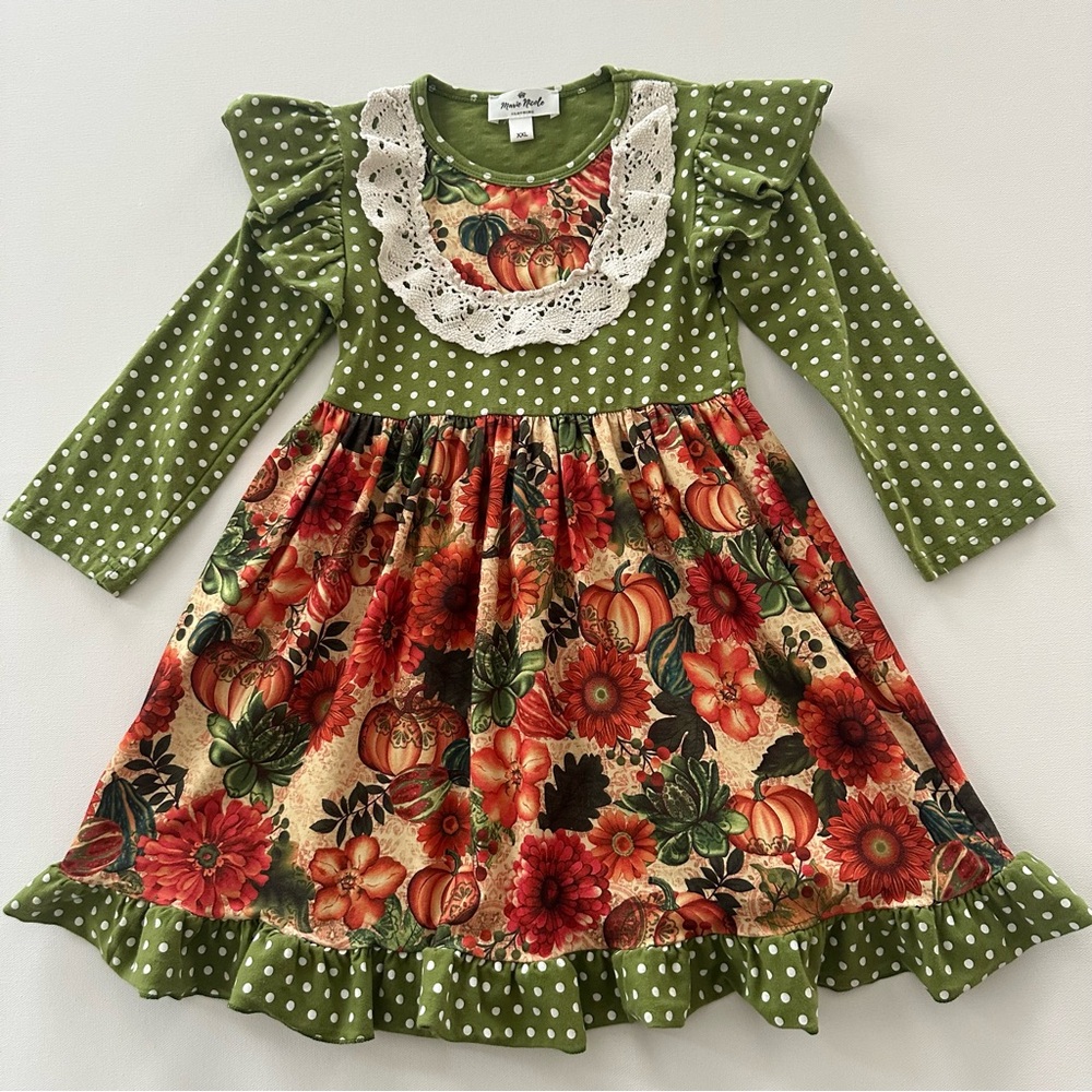 Marie Nicole Girls 6 Polka Dot Ruffle Pumpkin Dress Fall Orange Green